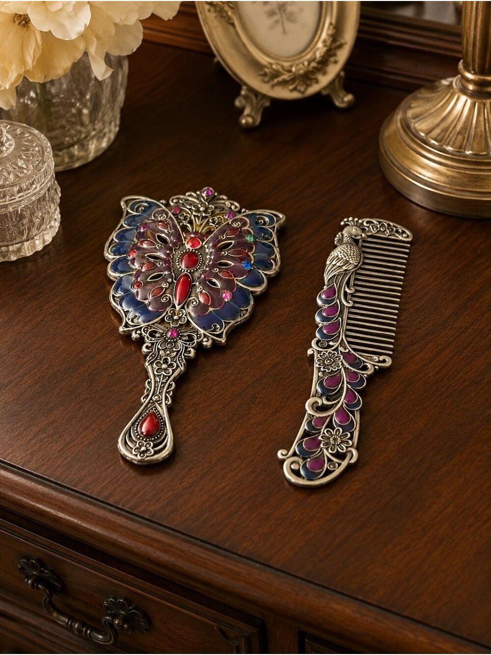 Vintage Peacock Comb & Butterfly Hand Mirror Set – Ornate Vanity Decor - Picture 3 of 4